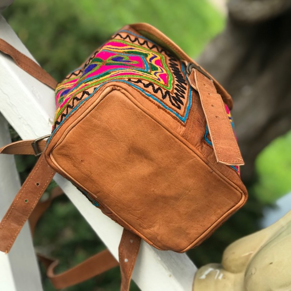 Boho Embroidered Tan Camel Leather Mini Backpack - Picture 10 of 10